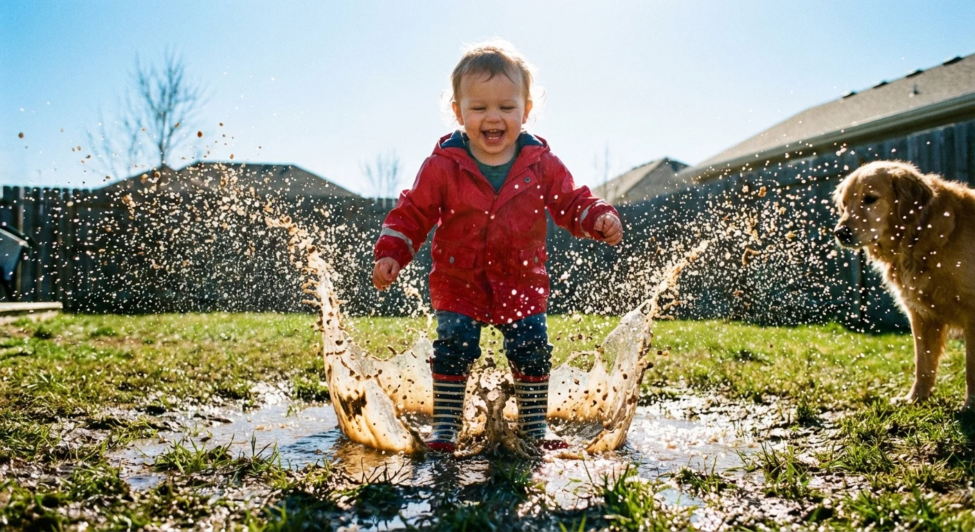 Frozen water droplets from a toddler splashing in a puddle.