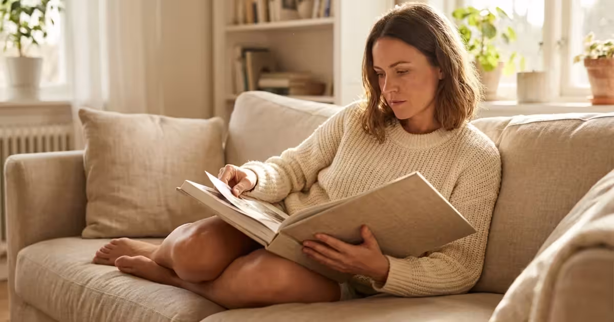 A woman emotionally viewing a high-end linen photo book in a sunlit living room.