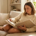 A woman emotionally viewing a high-end linen photo book in a sunlit living room.