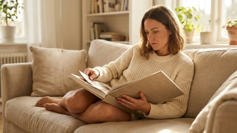 A woman emotionally viewing a high-end linen photo book in a sunlit living room.