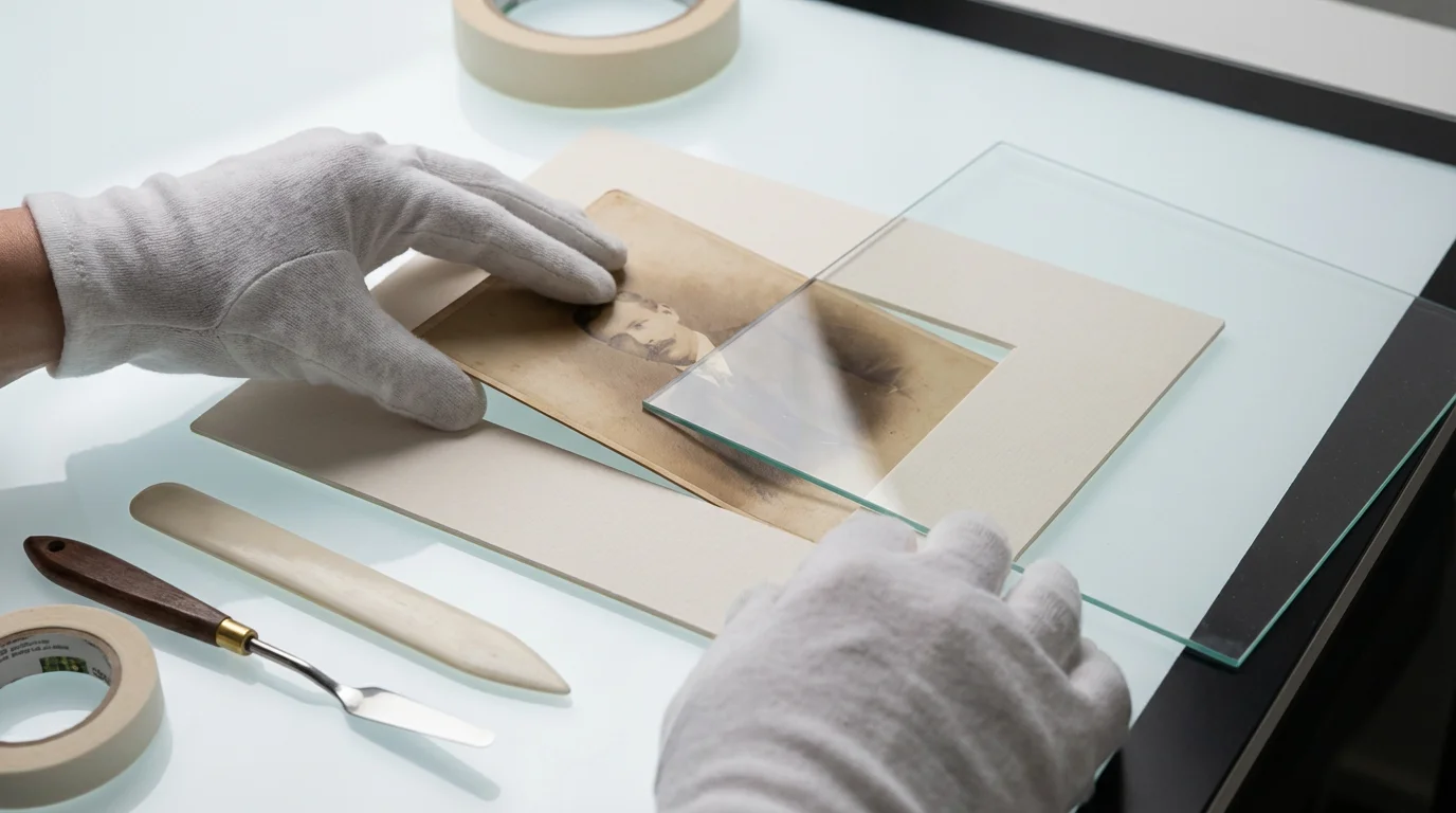 Gloved hands carefully assembling a photo frame with archival matting for preservation.