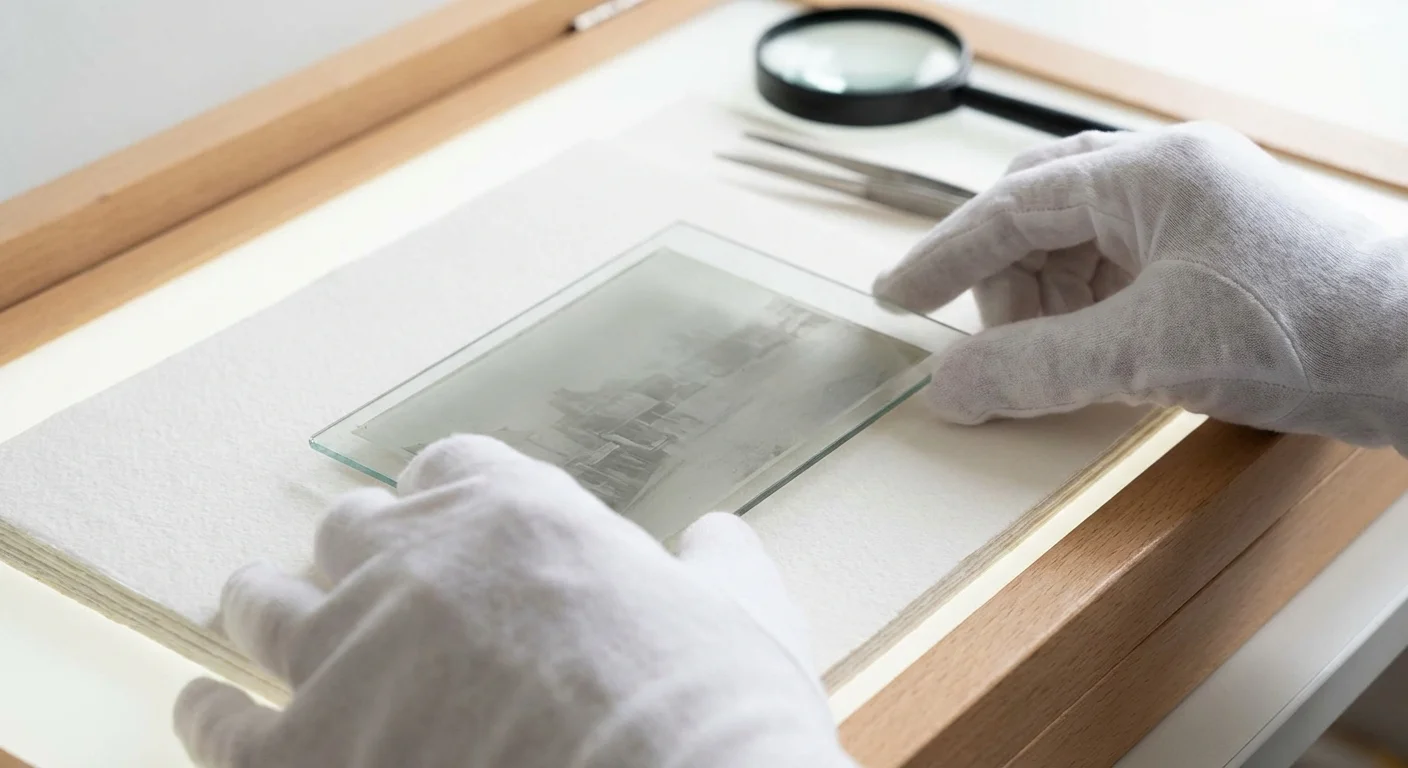 Gloved hands carefully picking up a glass negative by its edges on a clean white surface.