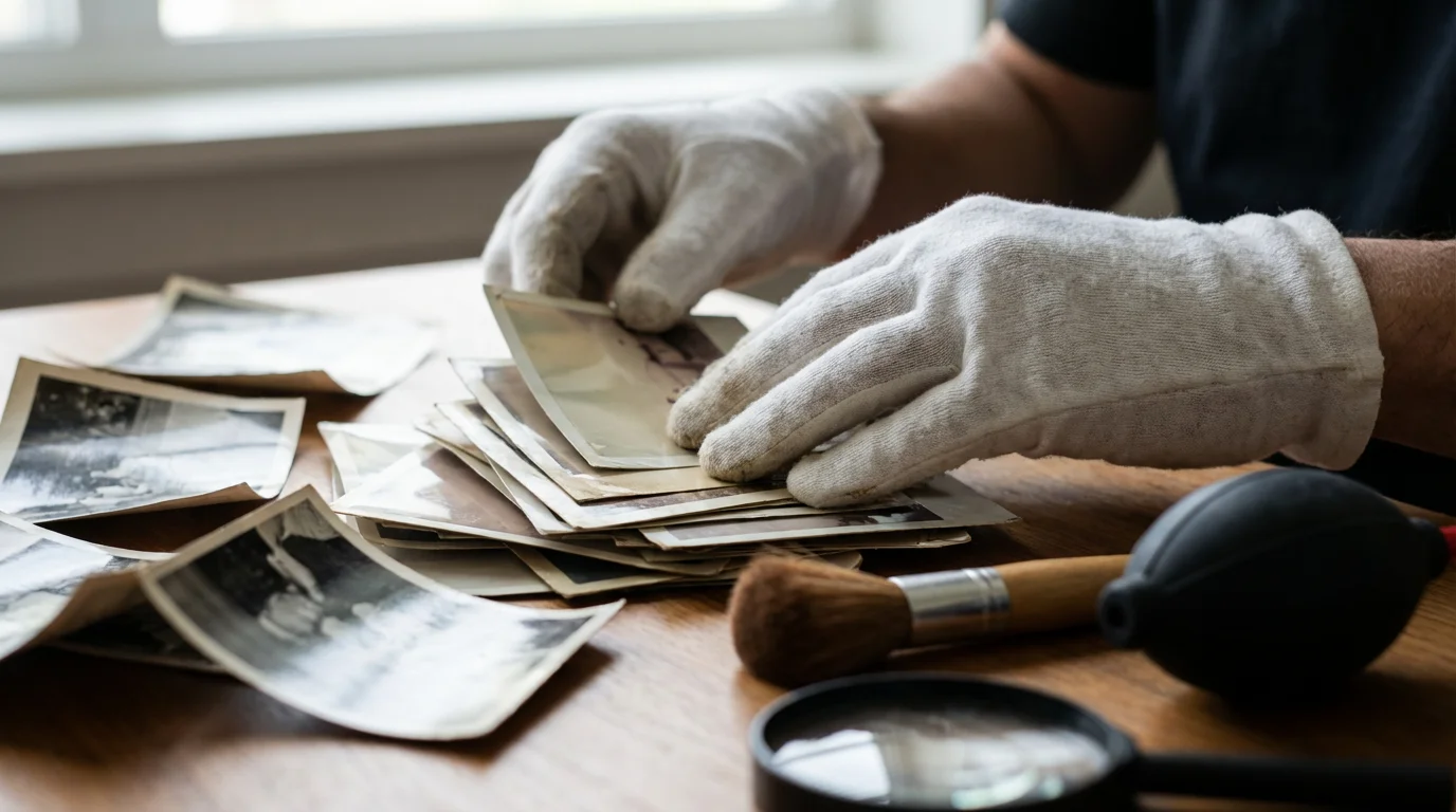 Gloved hands carefully sorting and cleaning vintage photographs on a wooden desk.
