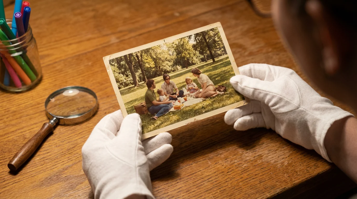 Gloved hands handling a vintage family photograph for preservation.