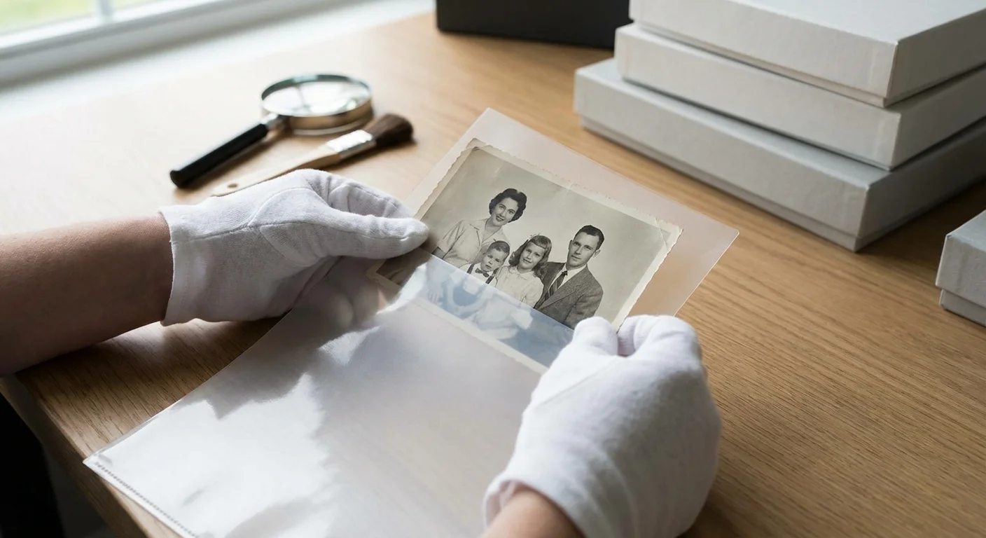 Gloved hands inserting an old black and white photo into a protective plastic sleeve.