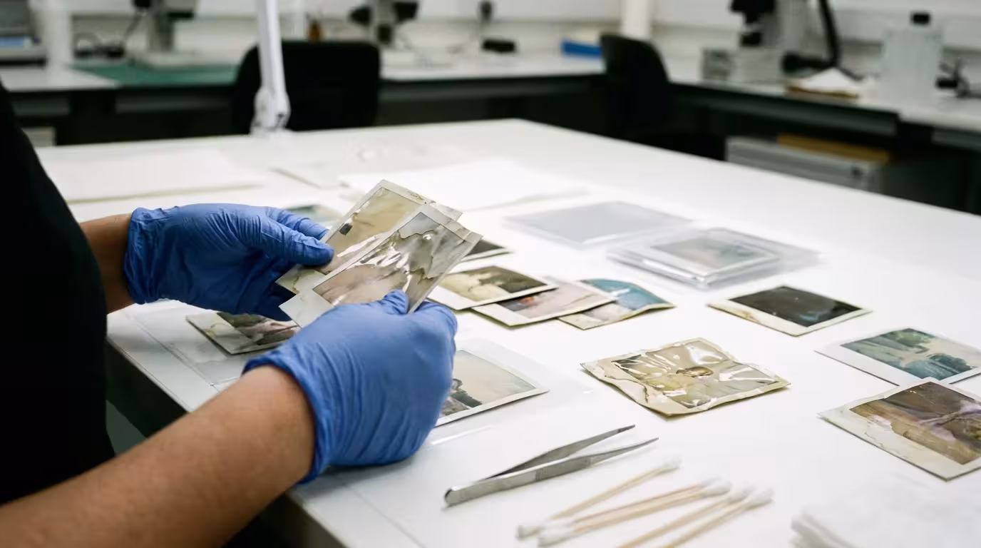 Gloved hands inspecting water-damaged Polaroid photos on a clean white surface.