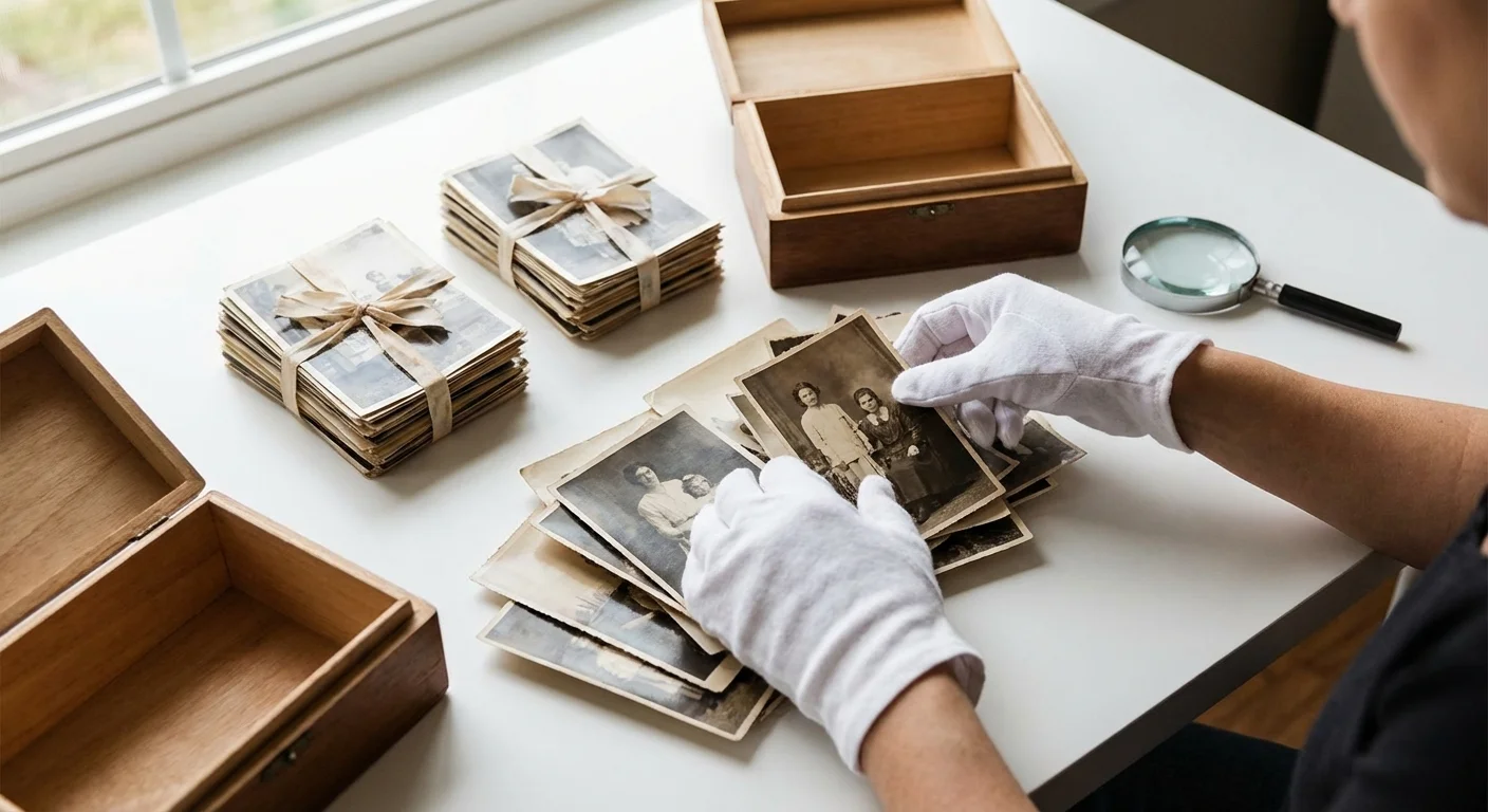 Gloved hands organizing a collection of vintage family photographs into neat stacks.