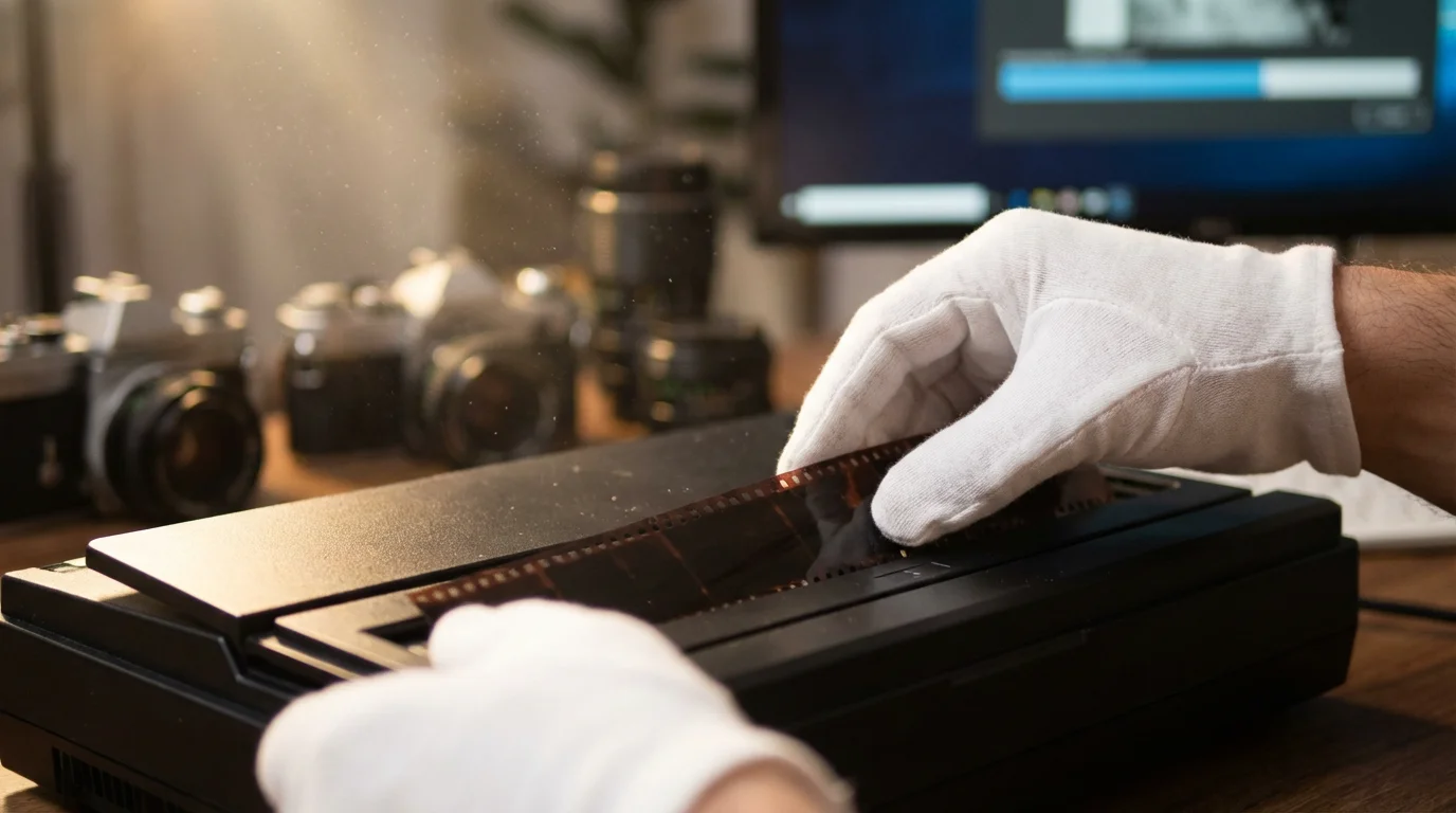 Gloved hands placing a film negative strip into a high-end scanner.
