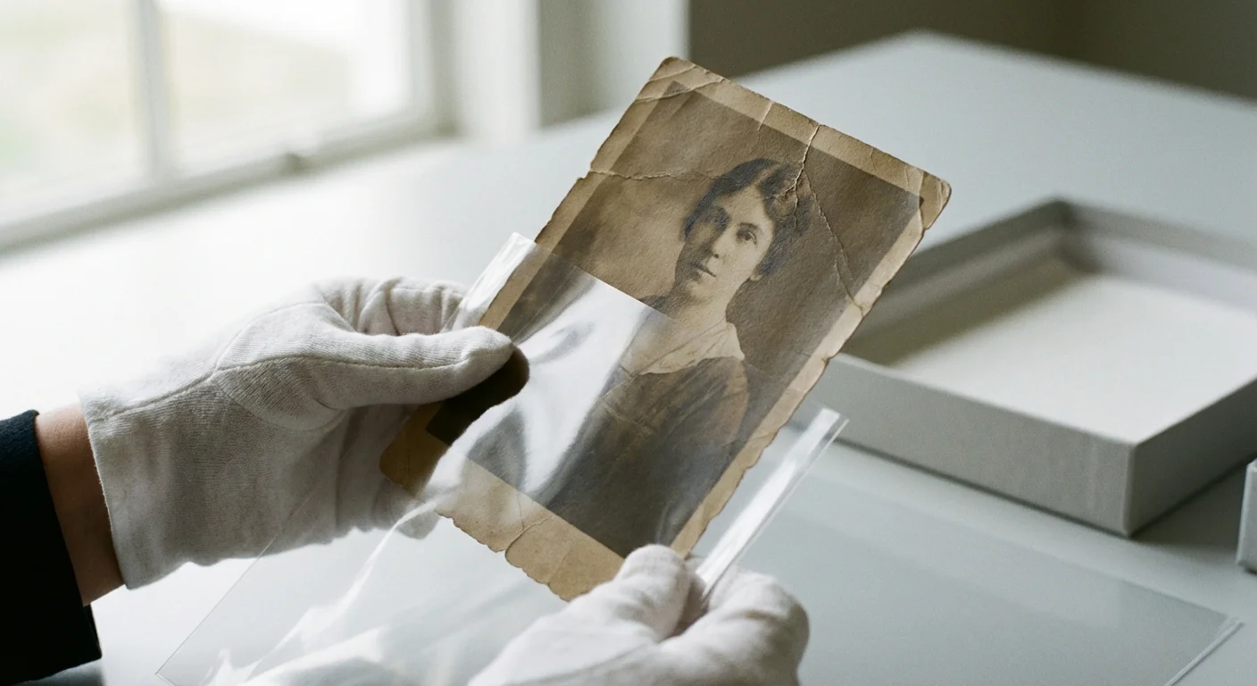 Gloved hands placing a vintage photo into an archival protective sleeve.