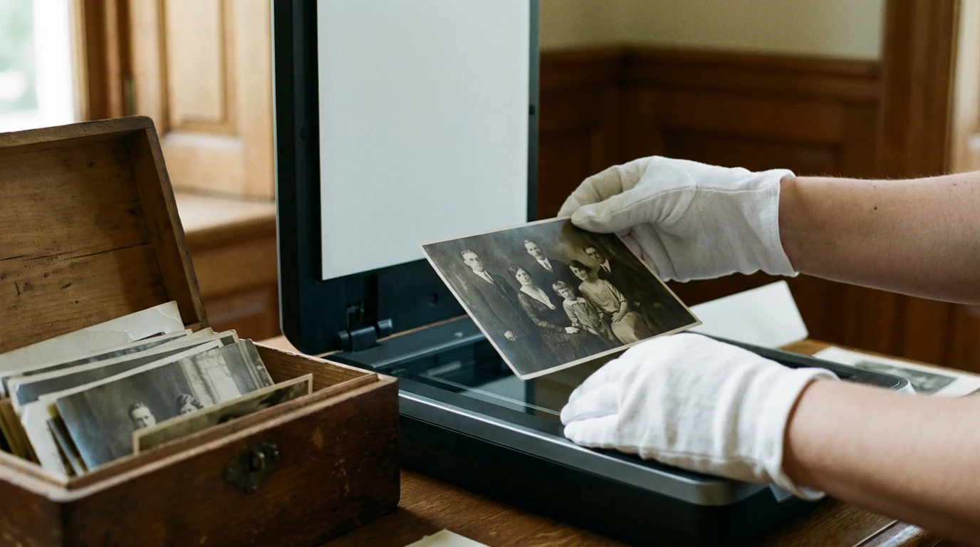 Gloved hands placing a vintage photo onto a digital scanner.
