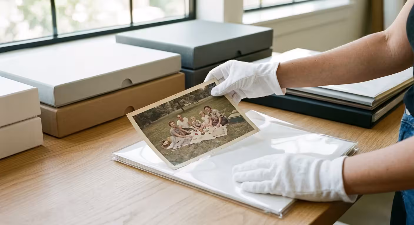 Gloved hands placing an old photograph into a protective archival sleeve.