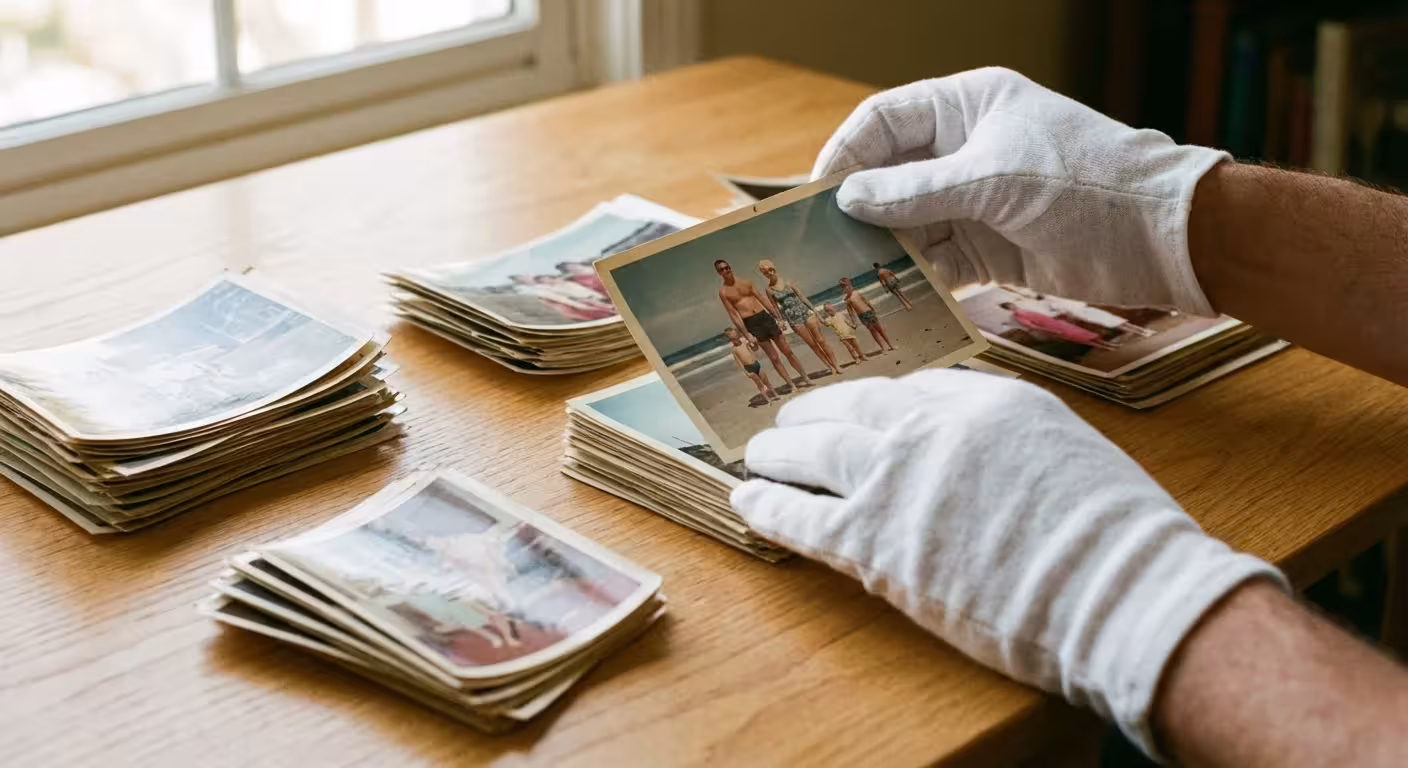 Gloved hands sorting a large pile of old photographs into organized stacks on a wooden table.