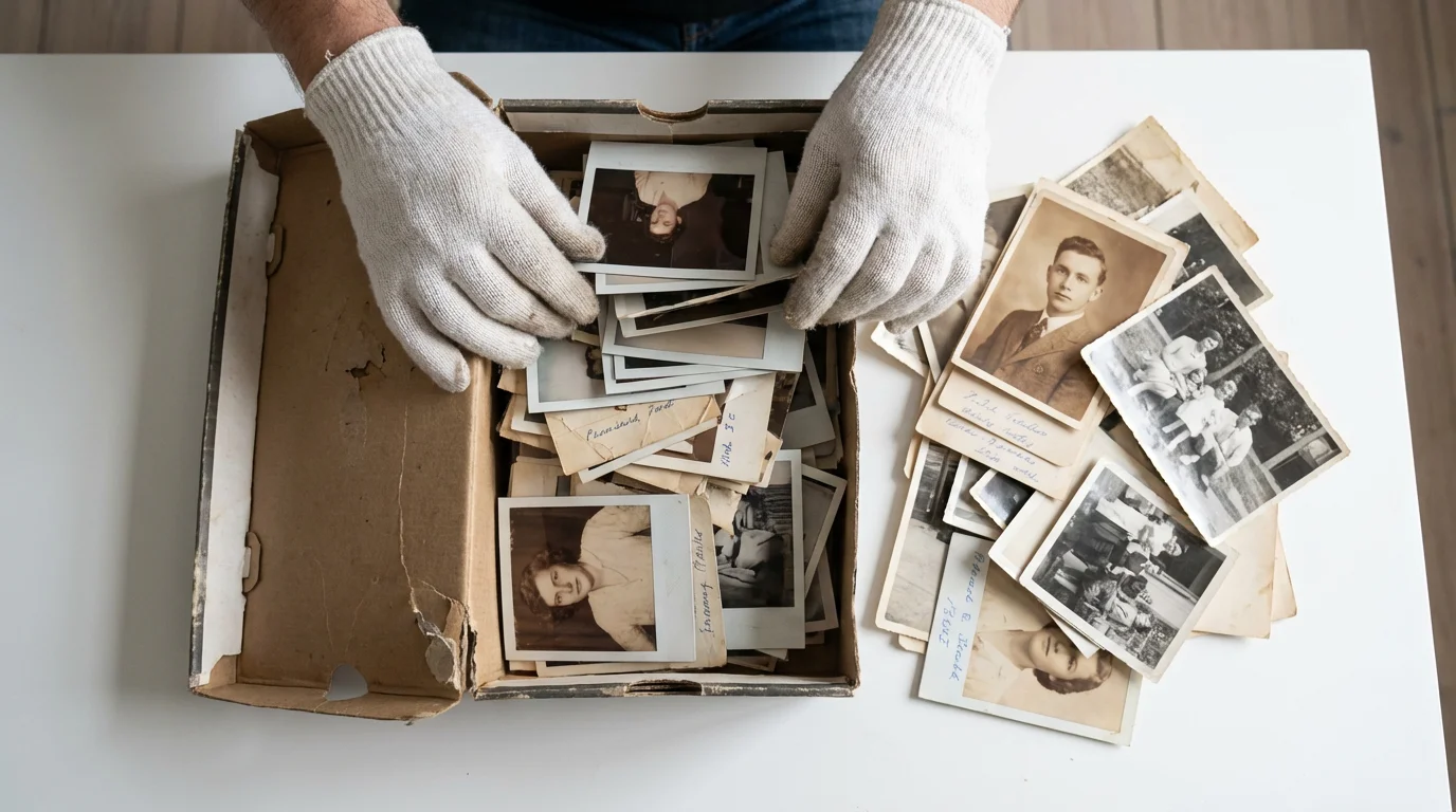 Gloved hands sorting through a box of old family photographs on a white table.