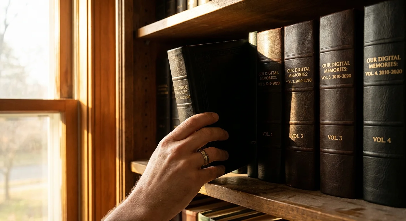 Hand picking a leather-bound photo album from a sunlit wooden bookshelf.