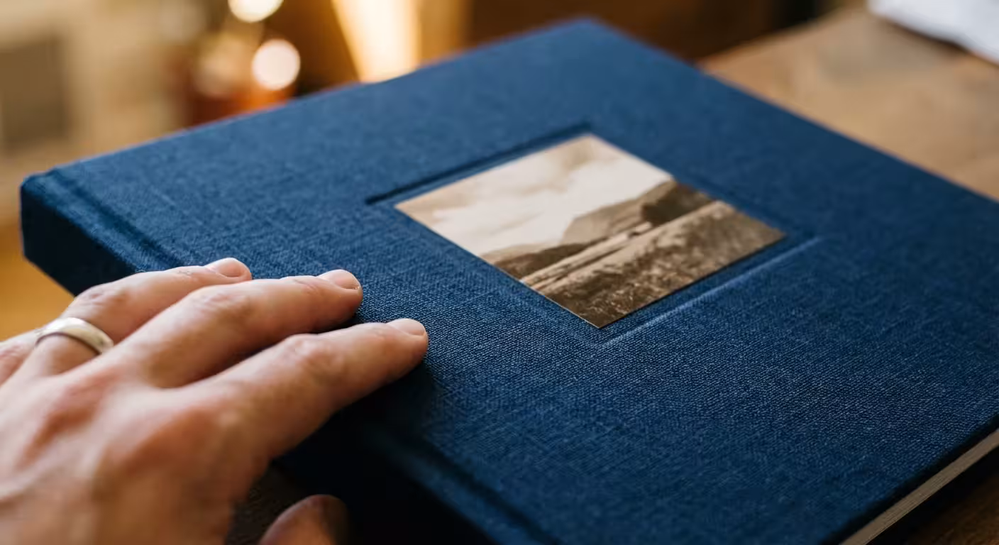 Hand touching the textured linen cover of a premium photo book.