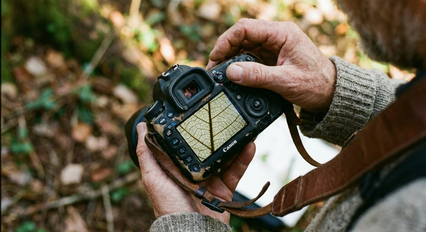 Hands adjusting camera settings while viewing a macro image on the LCD screen.