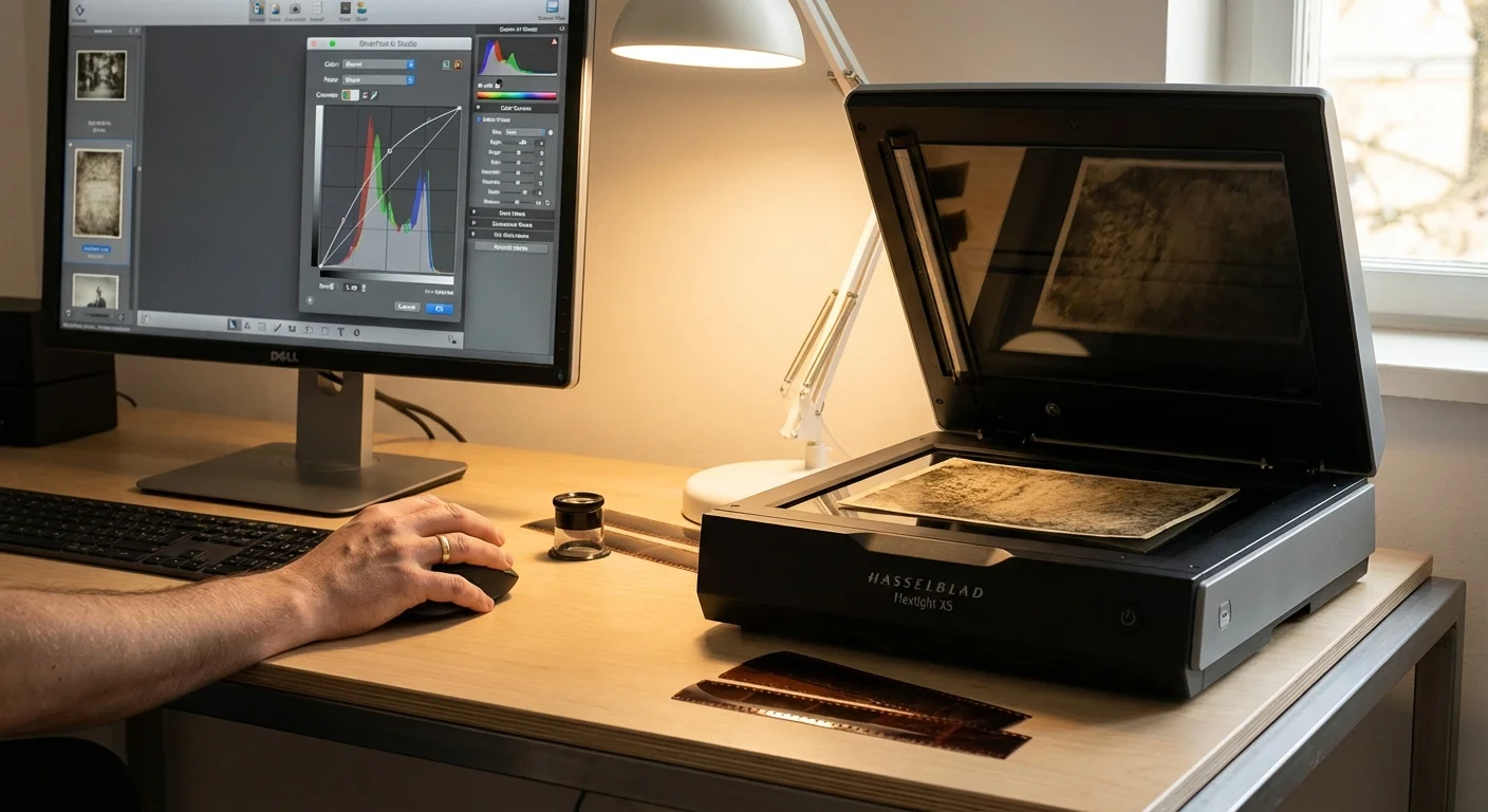 Hands adjusting professional scanning software settings on a computer screen.