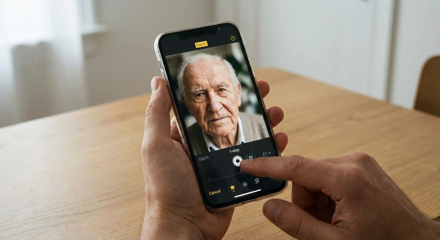 Hands adjusting the depth control slider on an iPhone during photo editing.