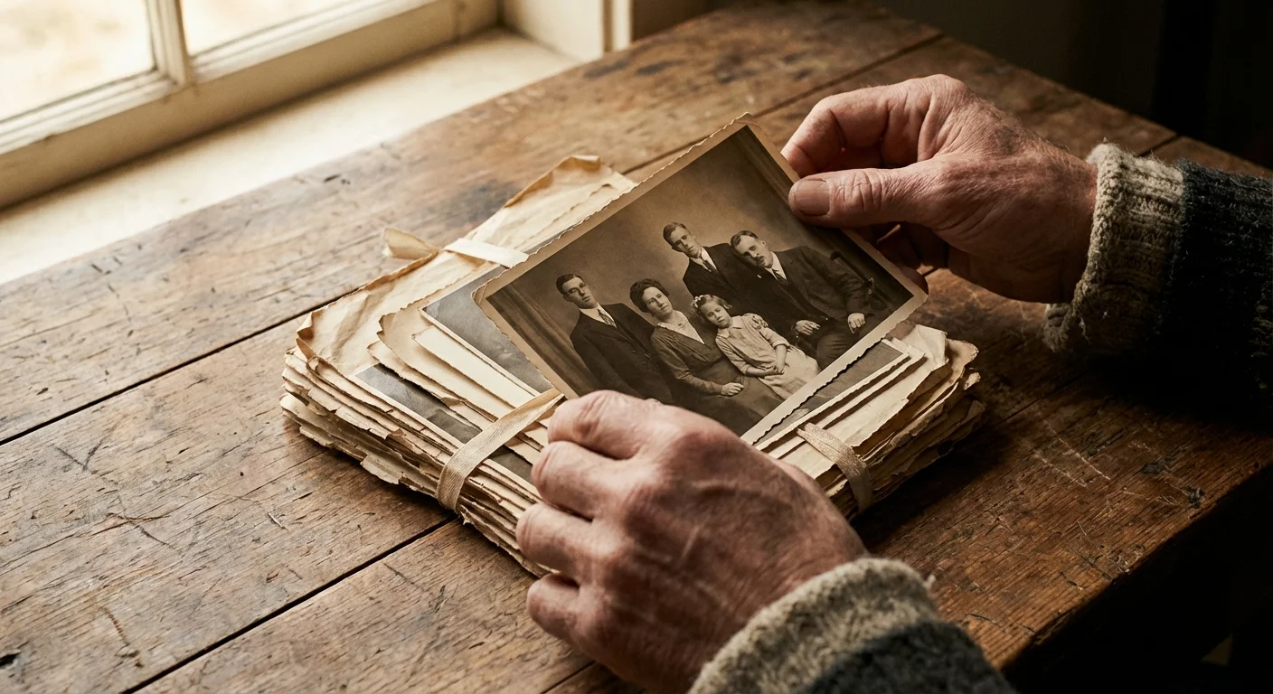 Hands carefully sorting through vintage family photographs on a wooden table.