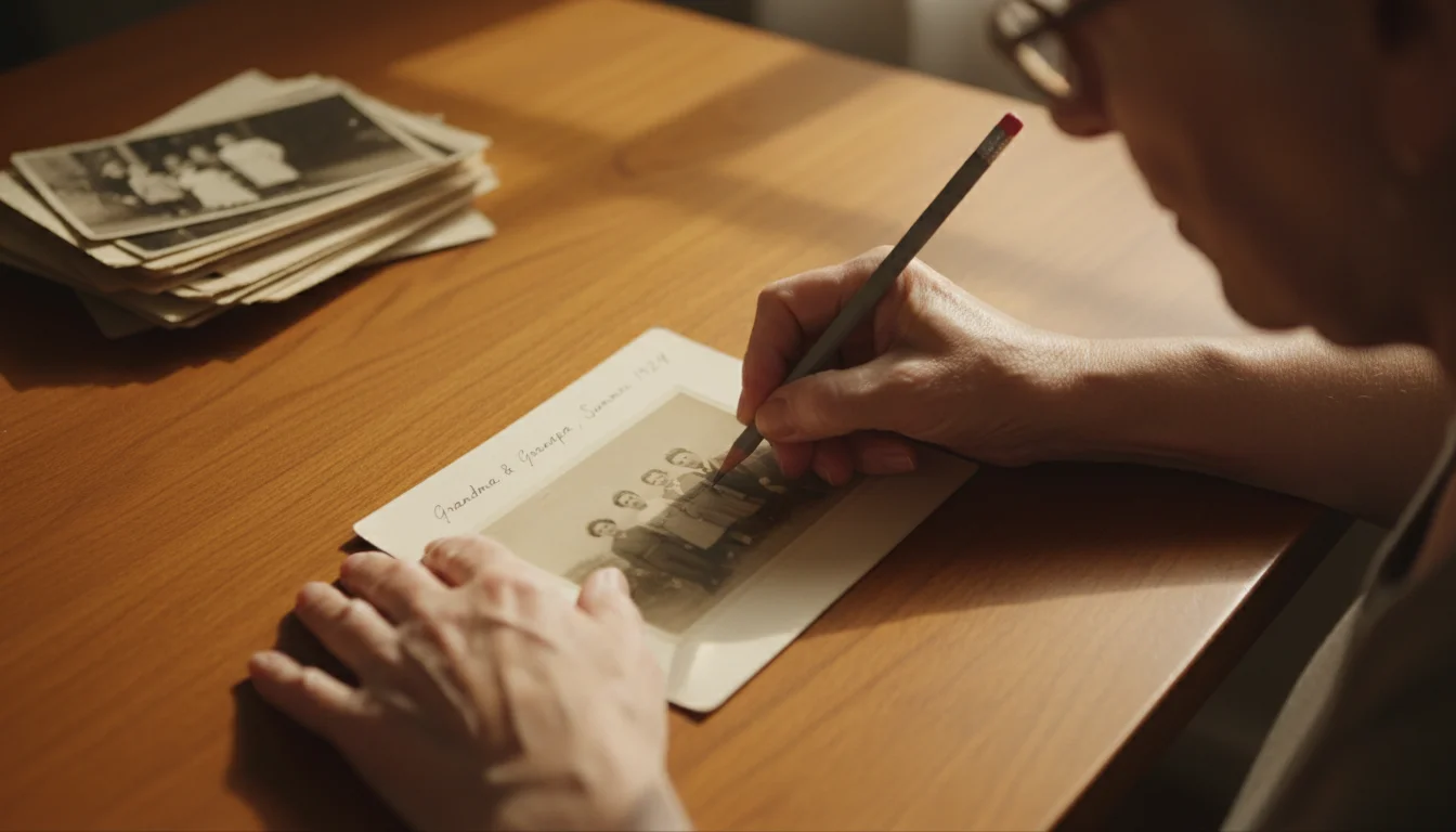 Hands carefully writing with an archival pencil on the back of a vintage photograph on a wooden table, with other blurred photos nearby.
