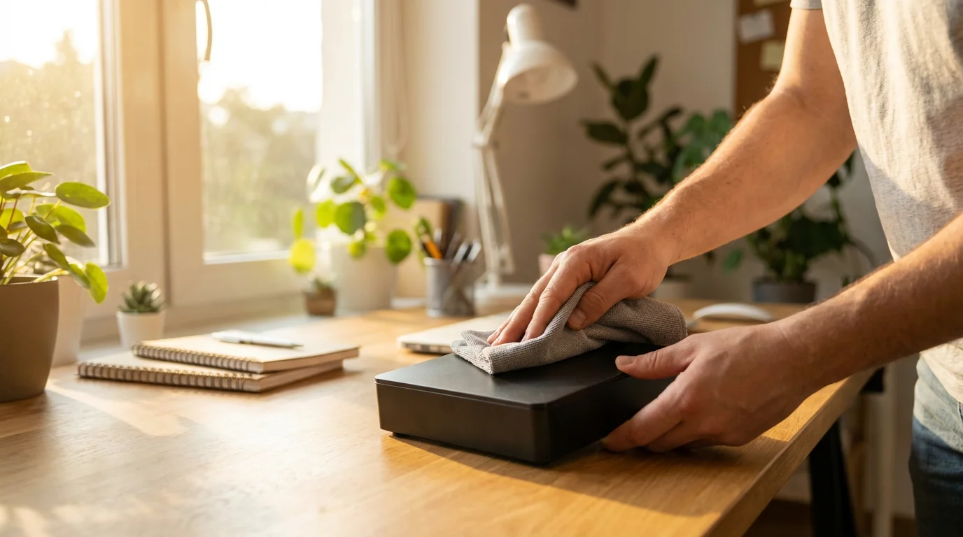 Hands cleaning a desktop hard drive with a microfiber cloth in a sunny room.