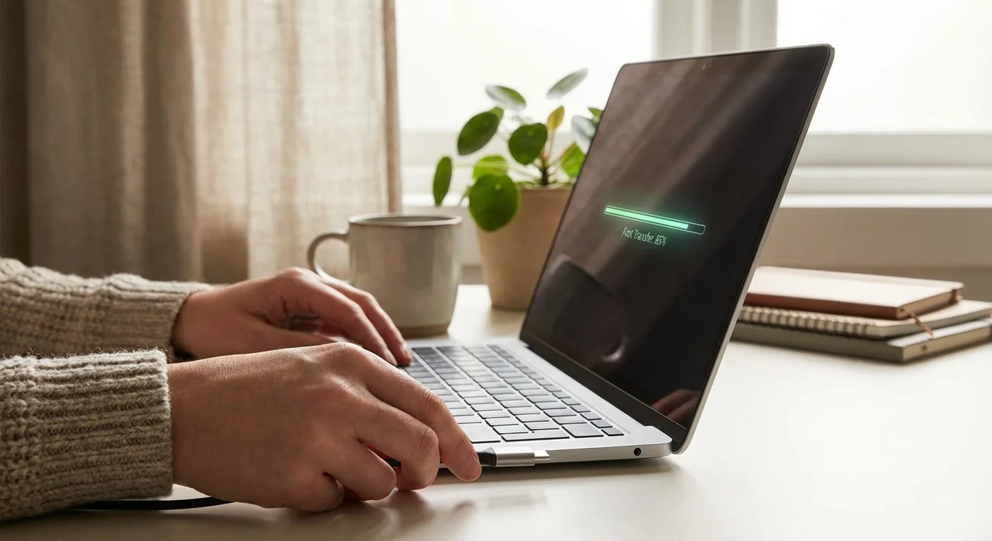 Hands connecting an external drive to a laptop for a quick local backup.