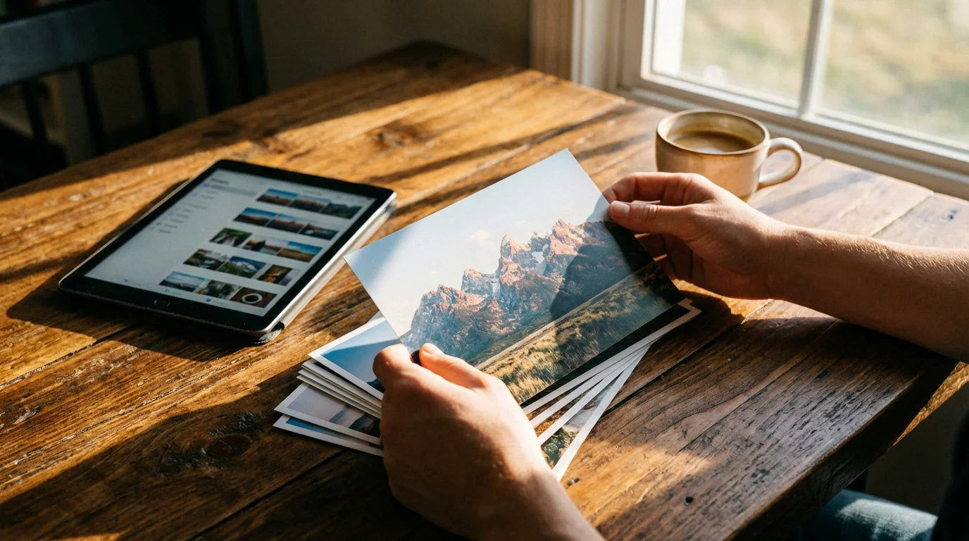 Hands curating and selecting high-quality photo prints on a wooden table in soft sunlight.