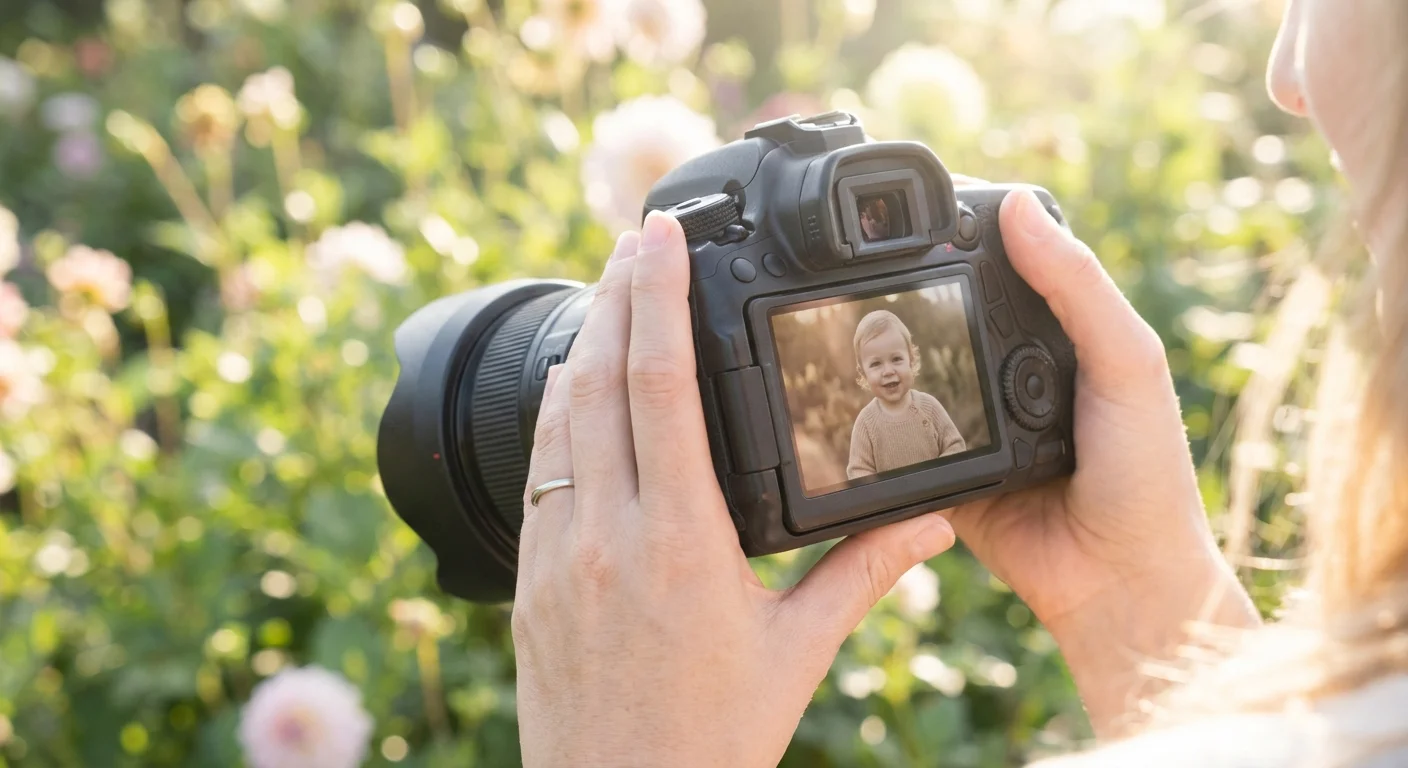 Hands holding a camera showing a neutral-toned base edit on the screen.