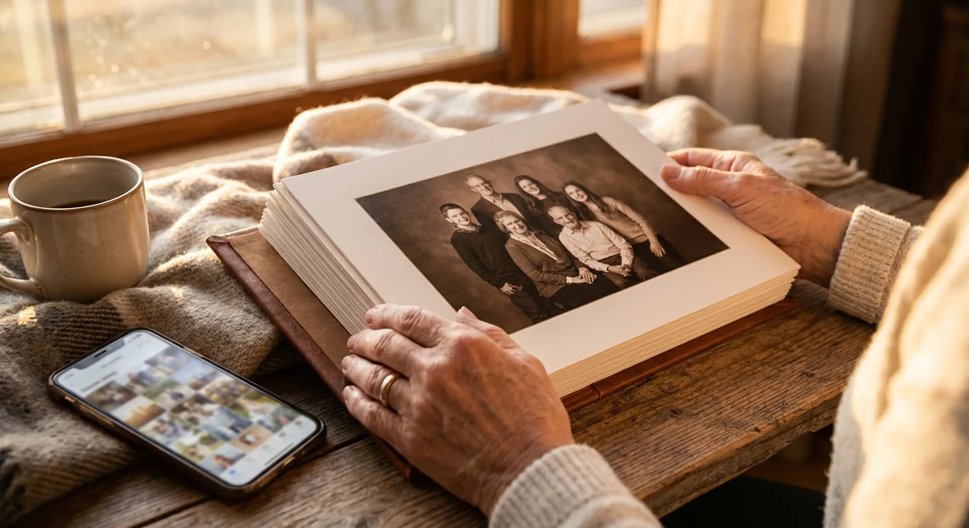Hands holding a printed photo album with a smartphone nearby on a wooden surface.