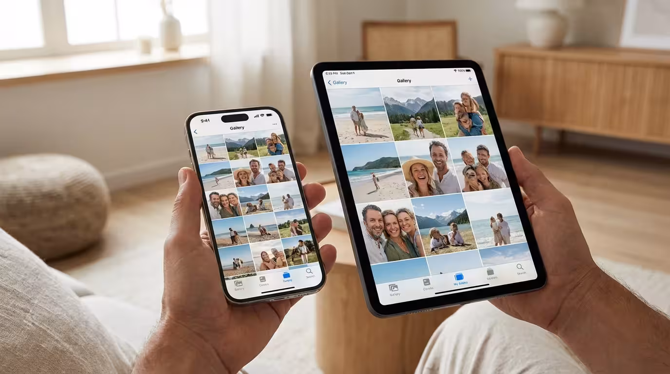 Hands holding a smartphone and tablet showing organized family photo galleries.