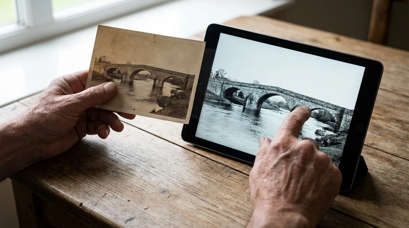 Hands holding a vintage sepia photo next to a digital version on a tablet.