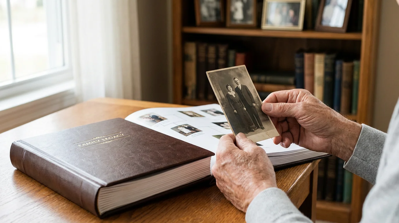 Hands holding an old vintage photo next to a modern, high-end heritage photo book.