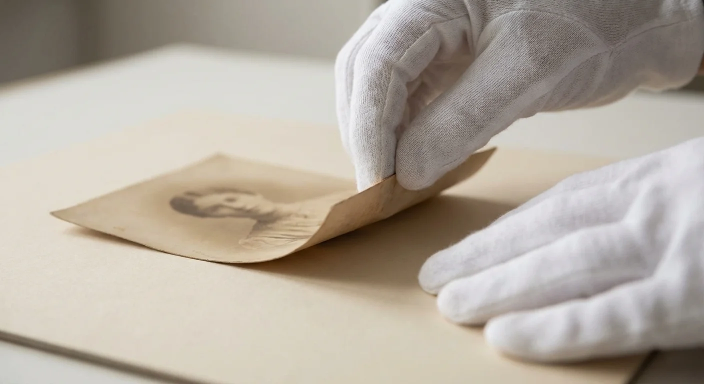 Hands in white archival gloves carefully handling an old, fragile photograph.