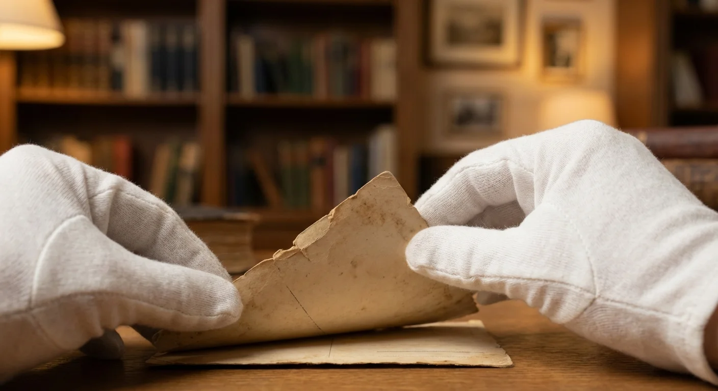 Hands in white archival gloves carefully handling an old postcard to prevent damage during the scanning process.