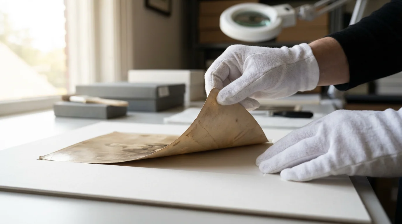 Hands in white archival gloves handling a fragile vintage photograph with care.