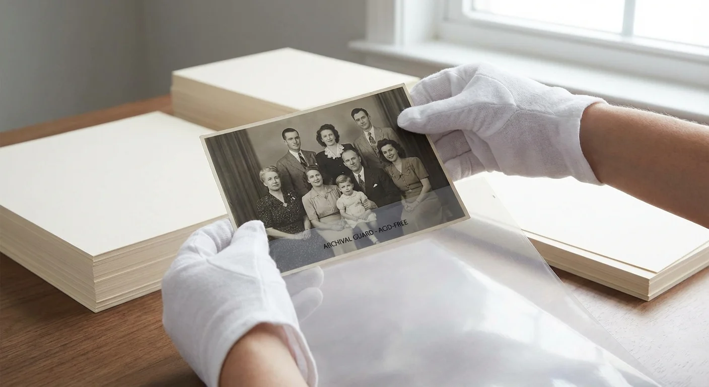 Hands in white archival gloves handling an old photograph for safe storage.