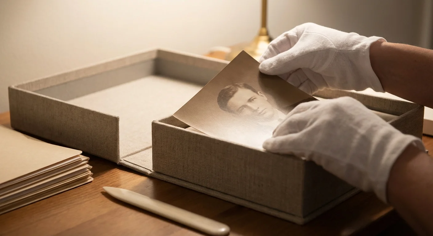 Hands in white archival gloves placing a high-quality photo into a linen preservation box.