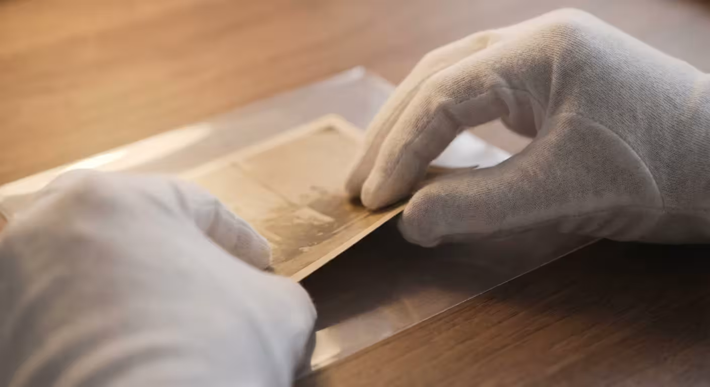 Hands in white archival gloves placing a photo into a protective plastic sleeve.