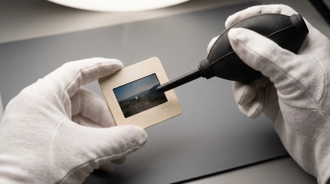 Hands in white archival gloves using a rocket blower to clean a 35mm slide with precision.