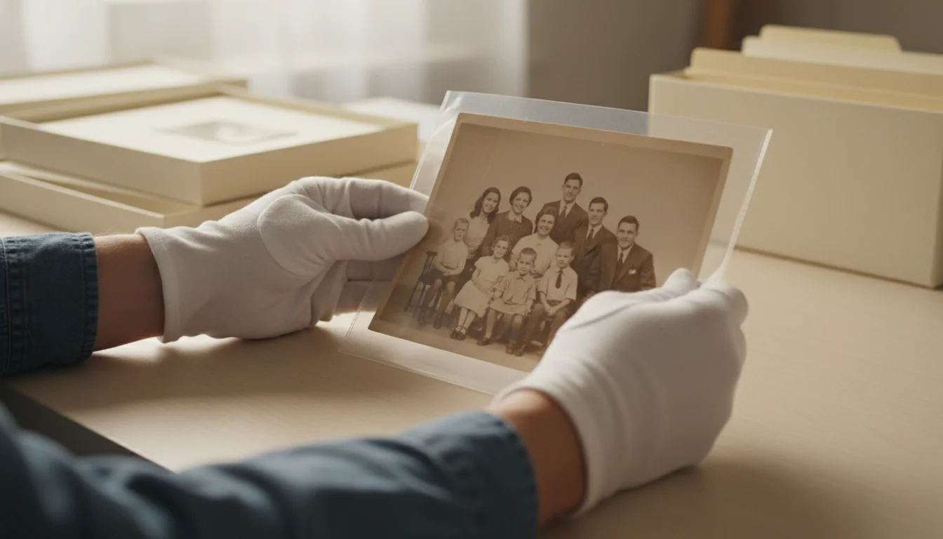 Hands in white cotton gloves carefully place a vintage family photograph into an archival sleeve on a wooden table, lit by soft window light.