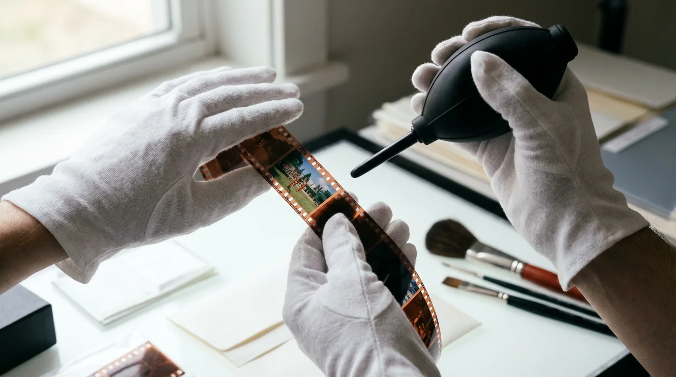 Hands in white gloves carefully cleaning a strip of film with an air blower.