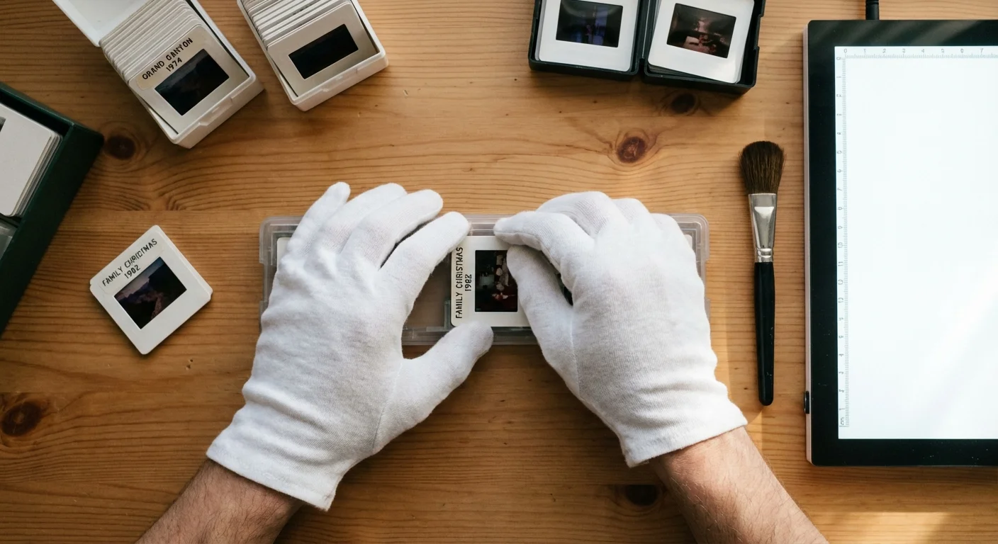 Hands in white gloves carefully placing film slides into a scanning tray.