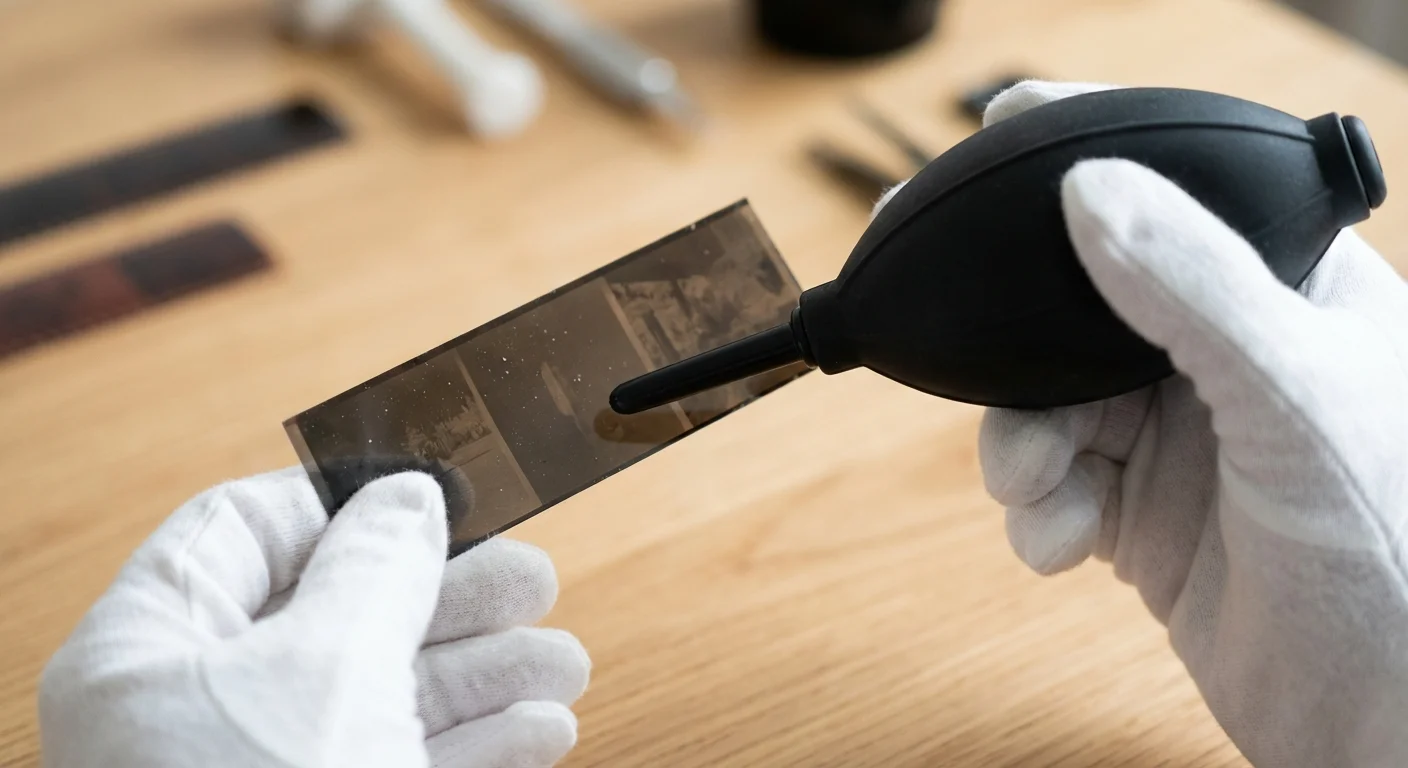 Hands in white gloves using a blower to clean dust from a vintage film negative.