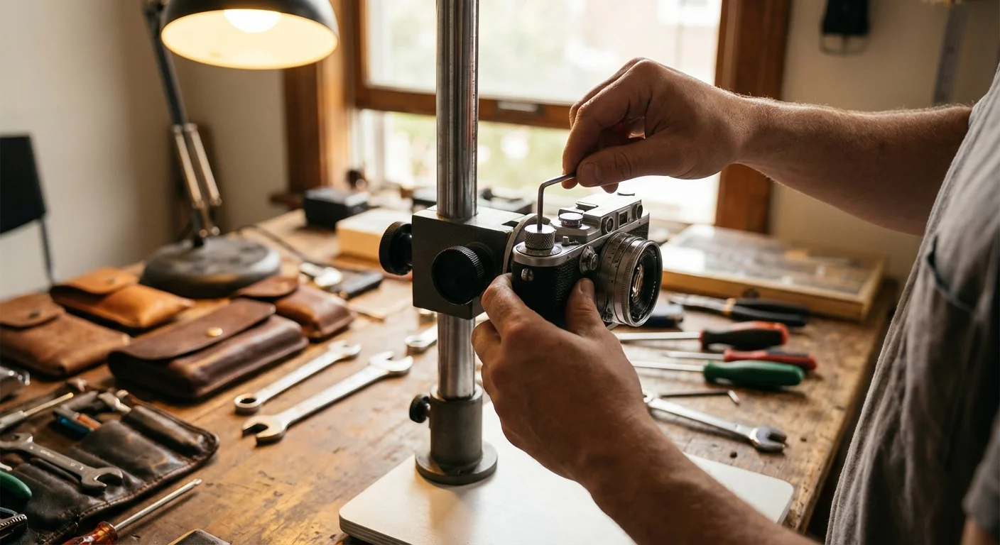 Hands mounting a camera onto a vertical copy stand on a wooden workbench.