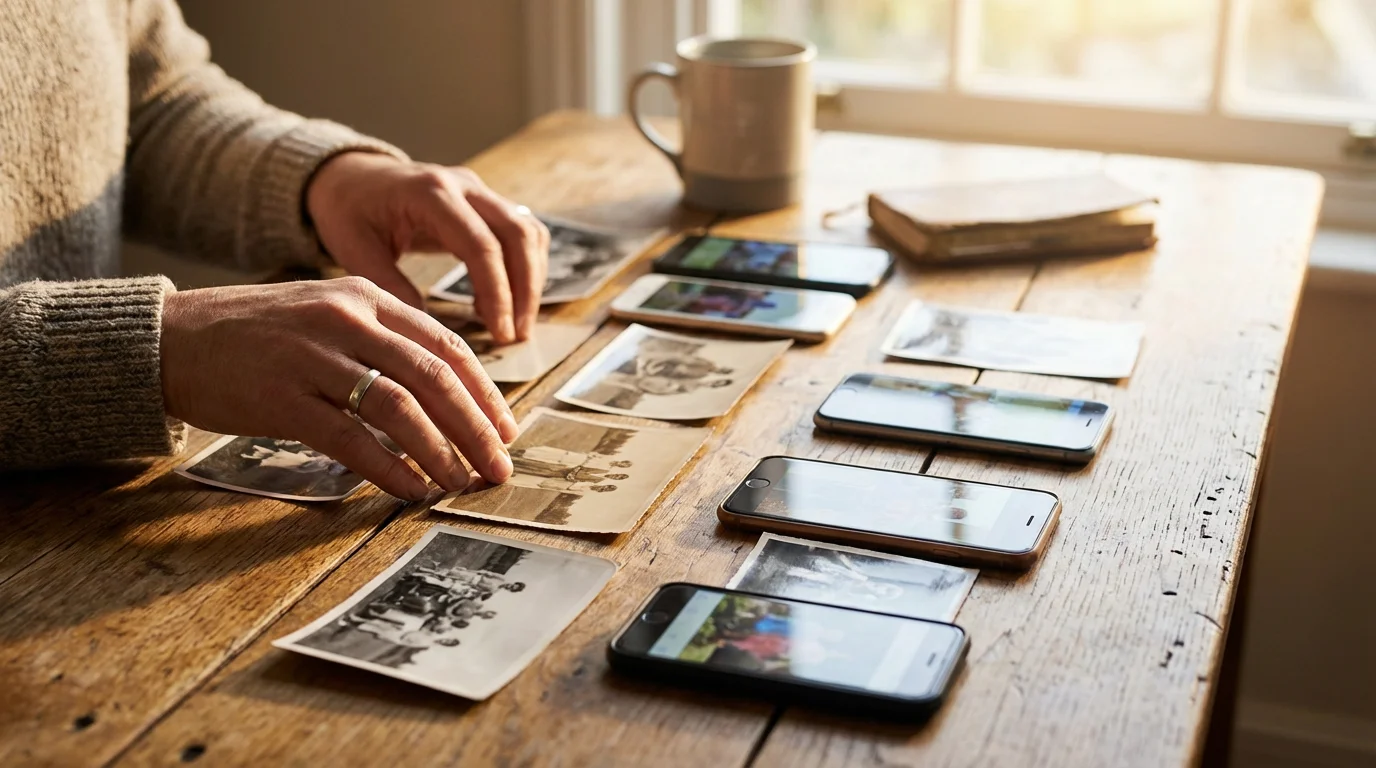 Hands organizing a variety of old and new photographs on a wooden table under soft natural light.