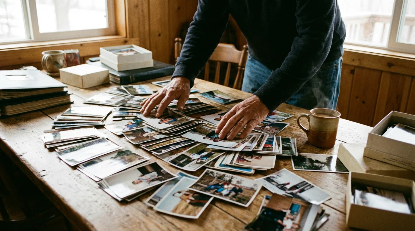 Hands organizing and selecting printed photos on a large table.