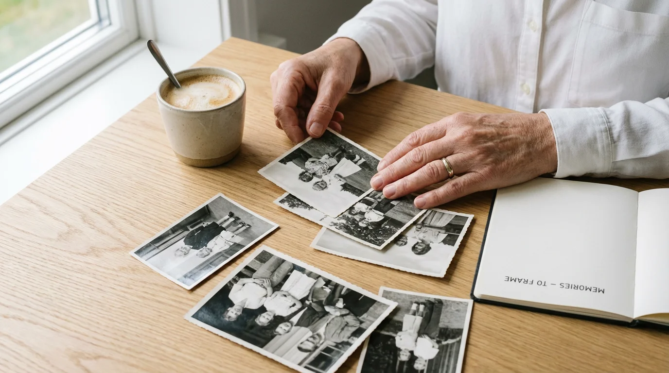 Hands organizing black and white family photographs on a wooden table.