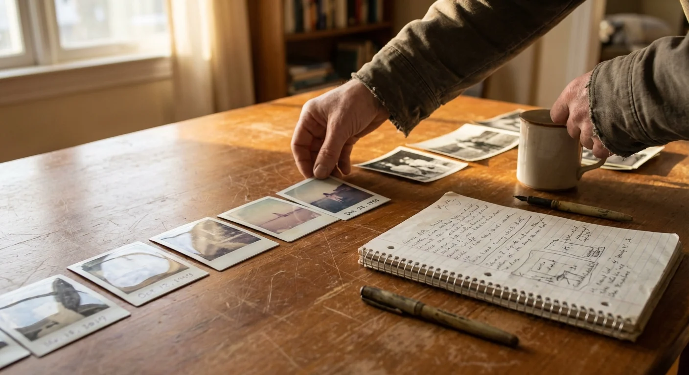 Hands organizing old photographs into a timeline on a wooden table with a notebook.