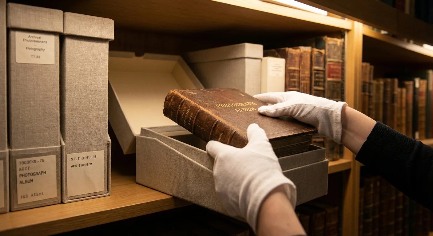 Hands placing a photo album into a protective archival box for long-term storage.