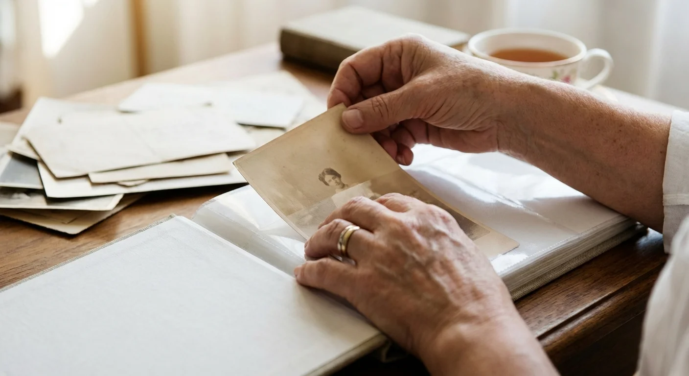 Hands placing a vintage photo into a protective archival sleeve.